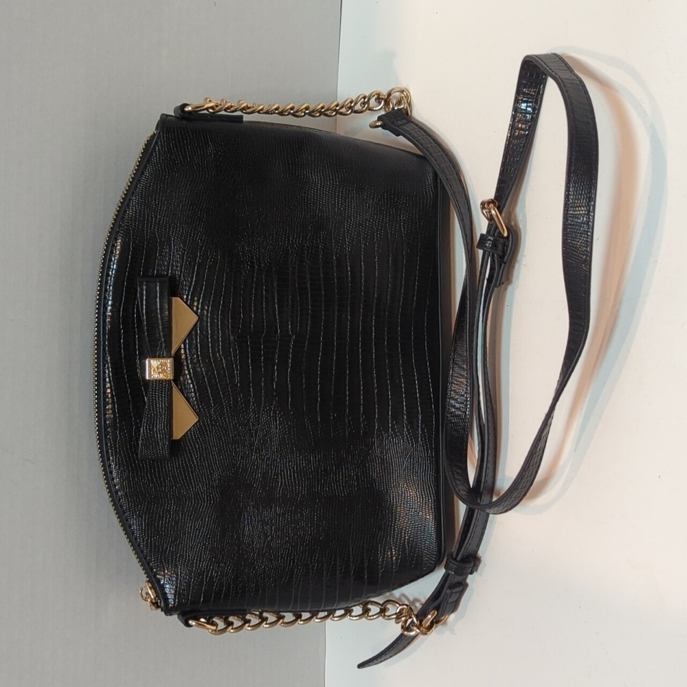 Anne Klein Lila Black/Gold Lizard Embossed Bow Crossbody Bag - Used